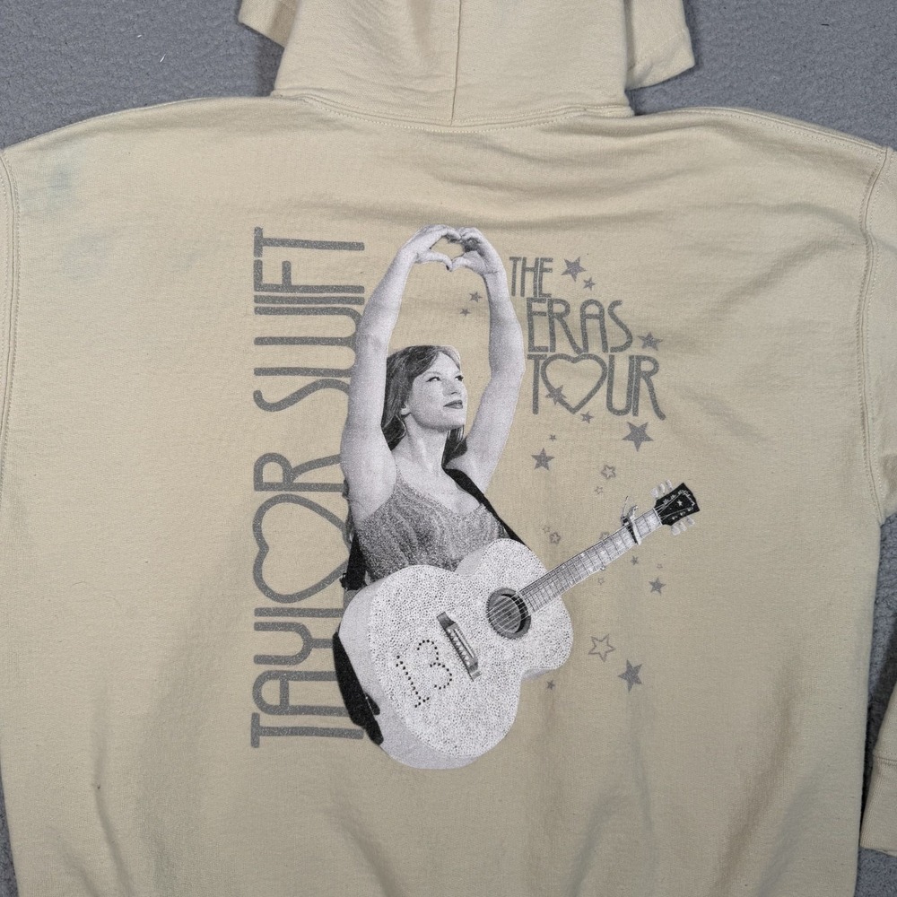 Taylor Swift Hoodie Womens Large Beige Pullover Sweatshirt Eras Tour Graphic